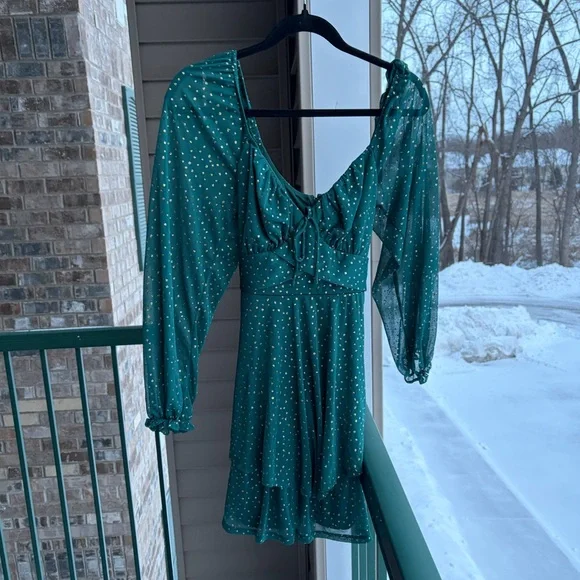 🆕 ✨ Midnight Doll Green Gold Dotted Mini Dress M Tie Party Holiday Chic Size M - Picture 3 of 15